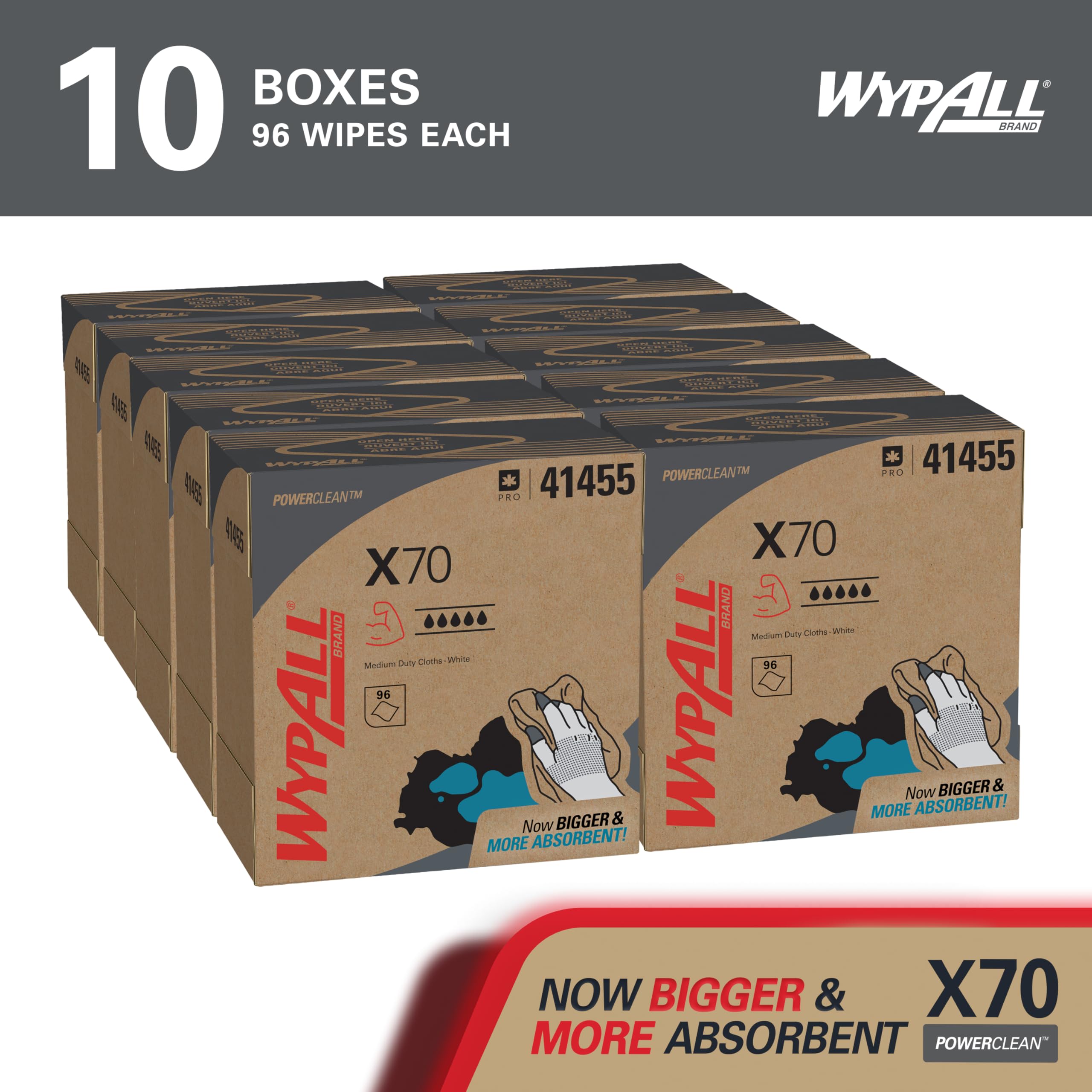 WypAll PowerClean X70 Medium Duty Cloths, 10 x 96 Towels (41455